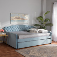 Baxton Studio Freda-Light Blue Velvet-Daybed-F/T Freda Transitional and Contemporary Light Blue Velvet Fabric Upholstered and Button Tufted Full Size Daybed with Trundle